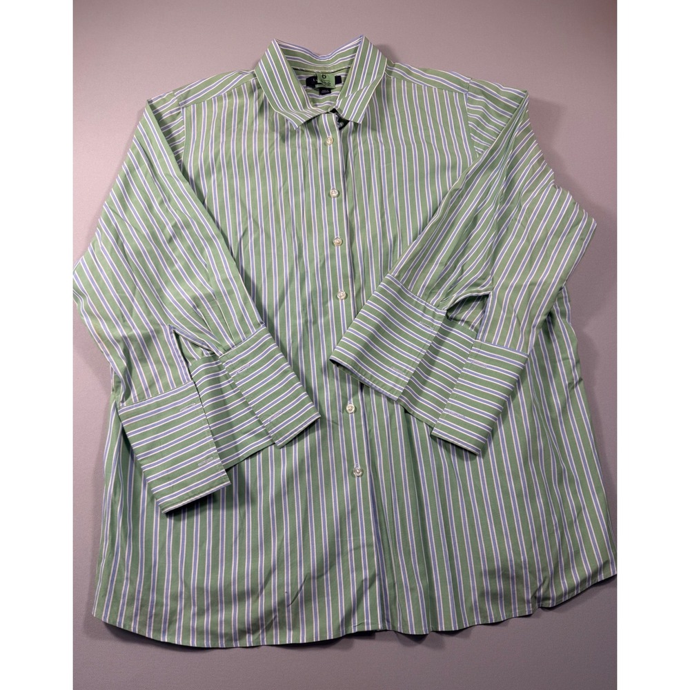 Lands End Weekend Womens 20W Green Blue Striped Button Down Shirt Wide Cuff
